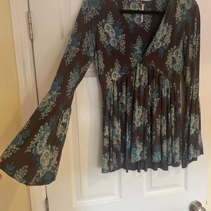Free People Floral Blouse in Brown and Blue